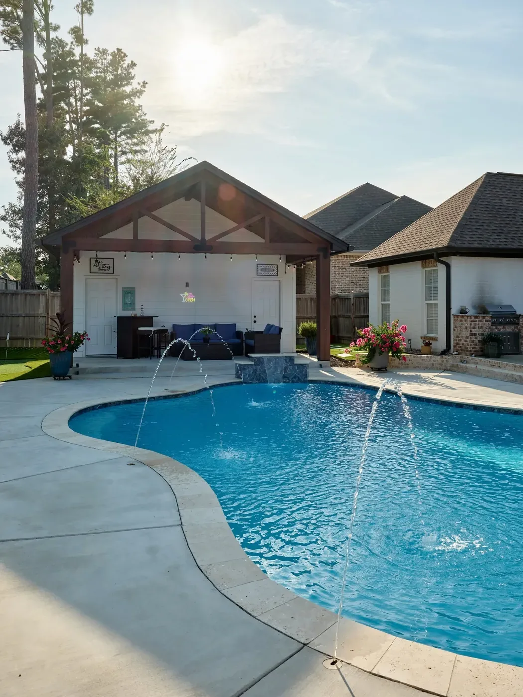 Finished freeform pool with water jets and a covered pavilion behind it