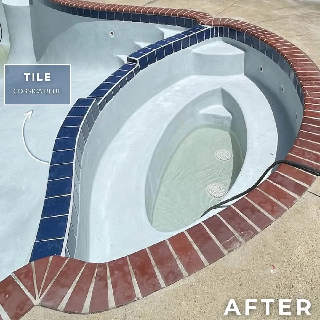 Pool step and bench with dark blue waterline tile and a red brick coping